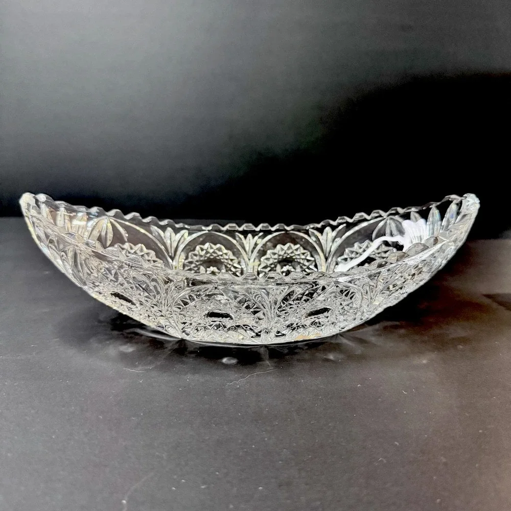Vintage Cut Crystal Sawtooth Edge Banana Boat Bowl Dish‎ Large Heavy Glass
